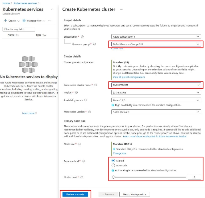 Azure portal - Kubernetes services