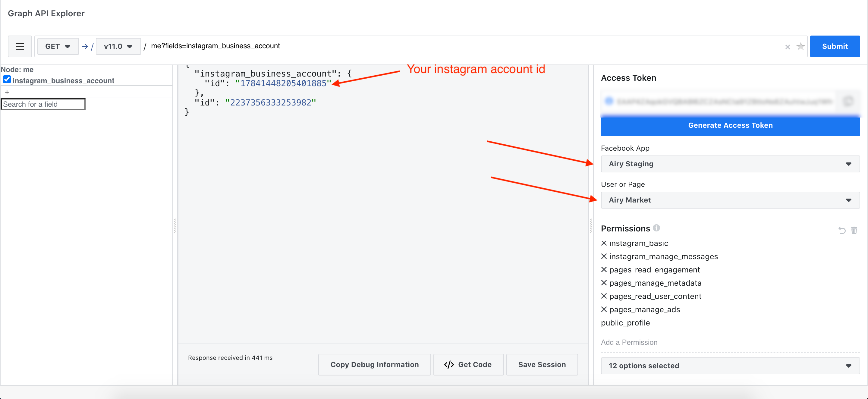 Use the Facebook Graph explorer to get your instagram account id